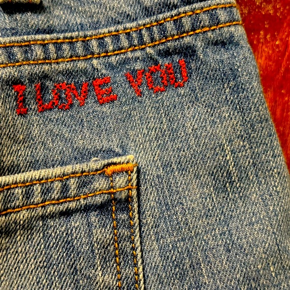 Levi Jean shorts, painter pants style. Words “I Love You” embroidered in red - Picture 6 of 8